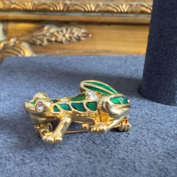 Vintage Frog Pin Enamel Rhinestone Gold Tone Signed Nat Landau Hyman NLH - Picture 4 of 10